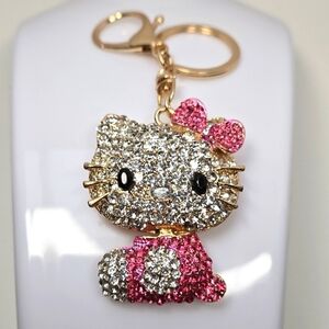 Hello Kitty Rhinestone Keychain Rose Pink and Gold Tone